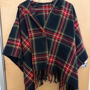 Plaid Buttoned Poncho with Fringe